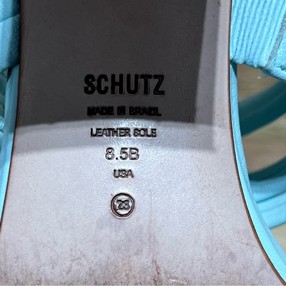 Schutz Blue Leather Square Toe Heels - Picture 6 of 8